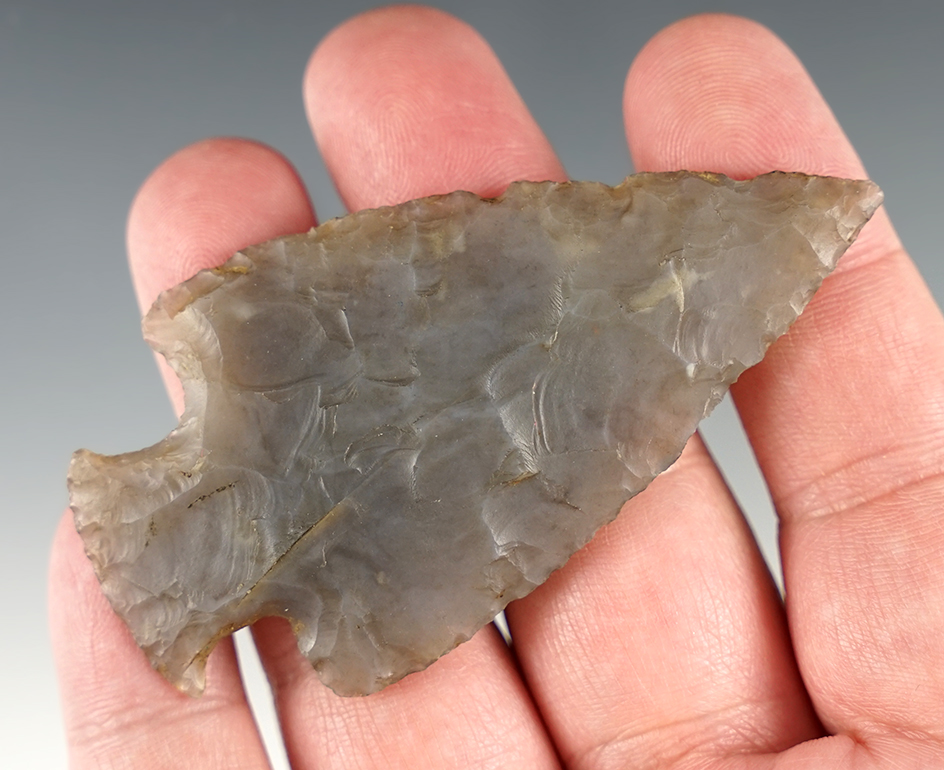 Superb! 3 1/16" Ohio Hopewell made from heavily patinated Chalcedony. Classic example.