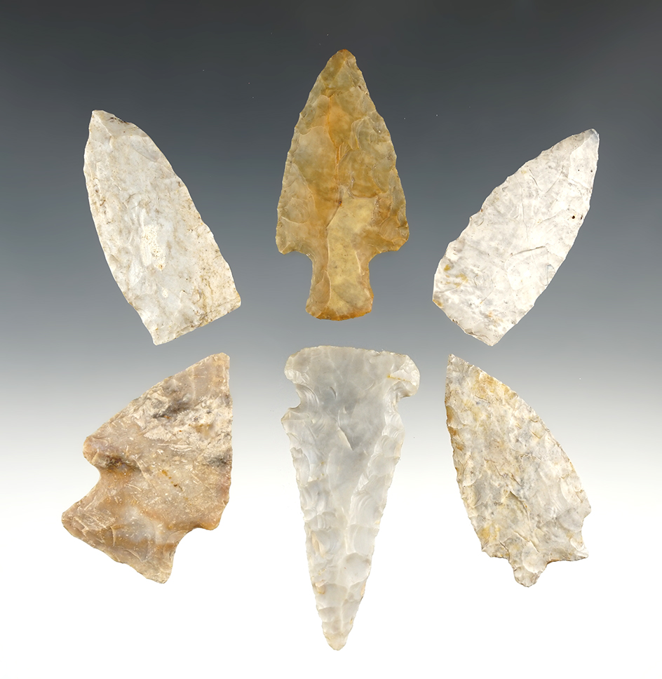 Set of 6 well made points found in Ohio. Nice variety of types. The largest is 2 11/16".