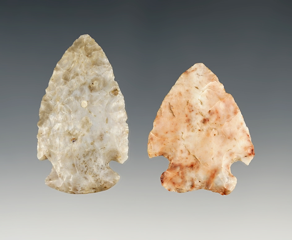 Pair of well made Flint Ridge points - Delaware, Perry Co., Ohio. The largest is 1 7/8".