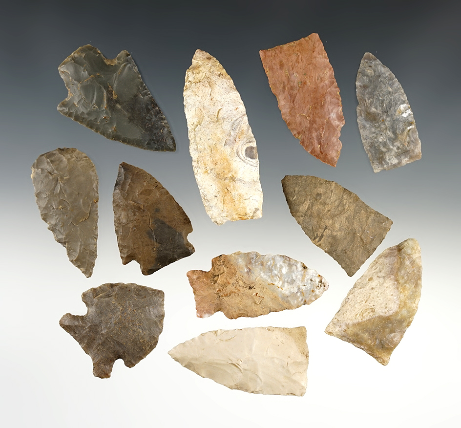 Set of 11 assorted points found in the Midwest. The largest is 2 3/4".
