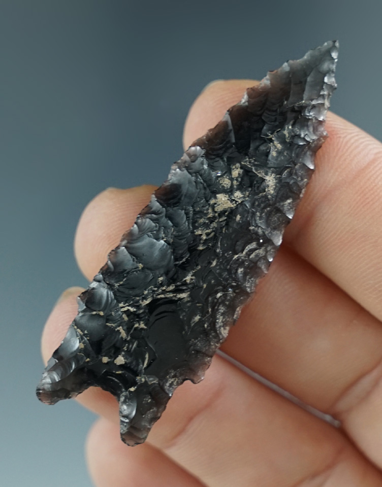 Excellent flaking on this 2 3/16" obsidian Pinto Basin found in Oregon.