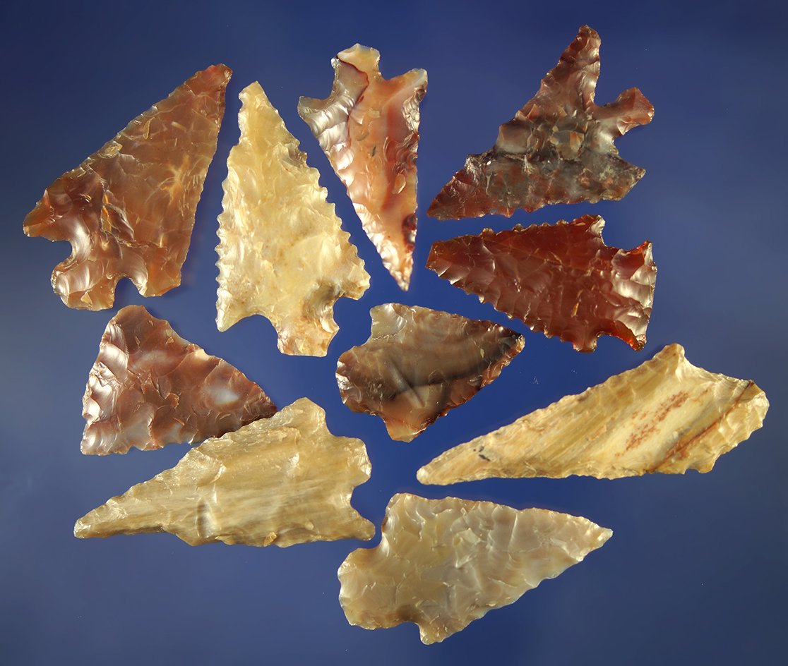 Set of 10 assorted arrowheads, largest is 1 and 7/8".    Columbia River.