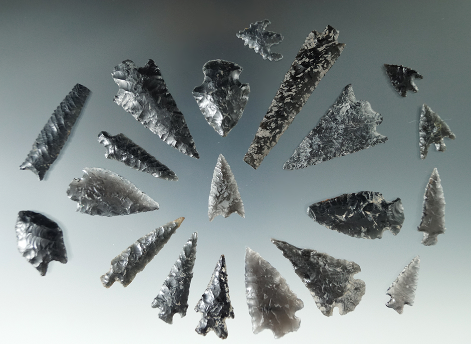 Group of 20 Obsidian points found in Oregon, largest is 2 3/8".