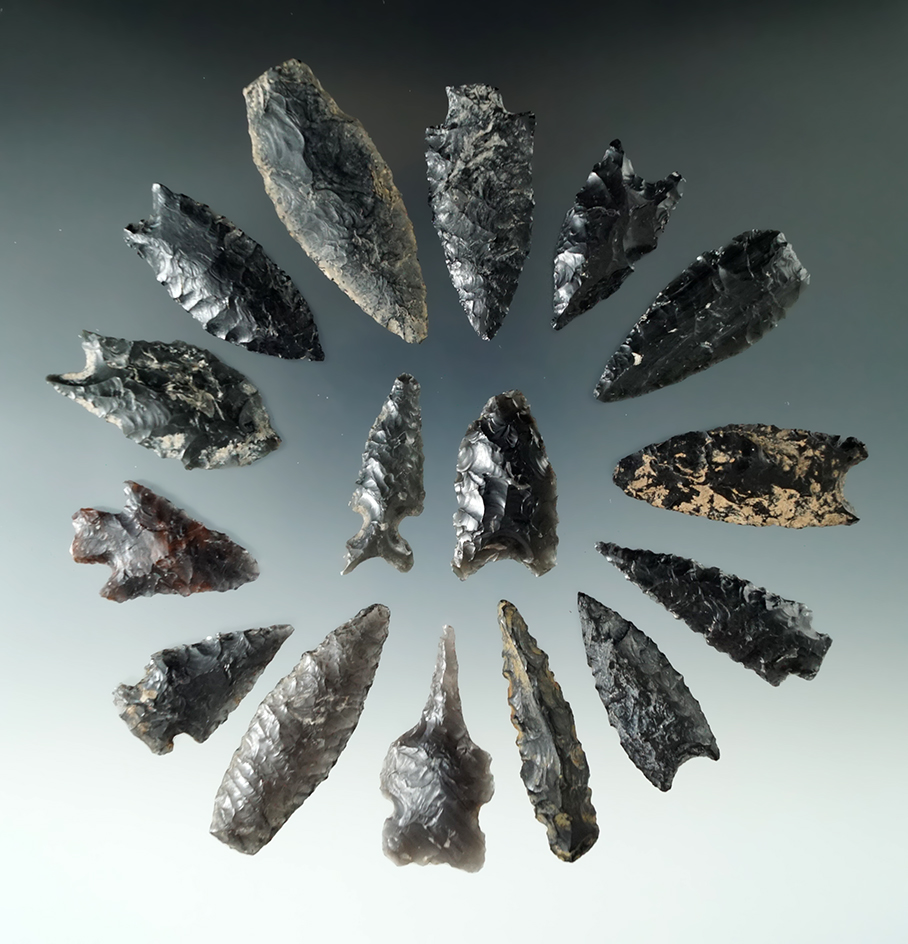 Set of 16 assorted flaked artifact from Oregon made from Obsidian, largest is 2 1/4".