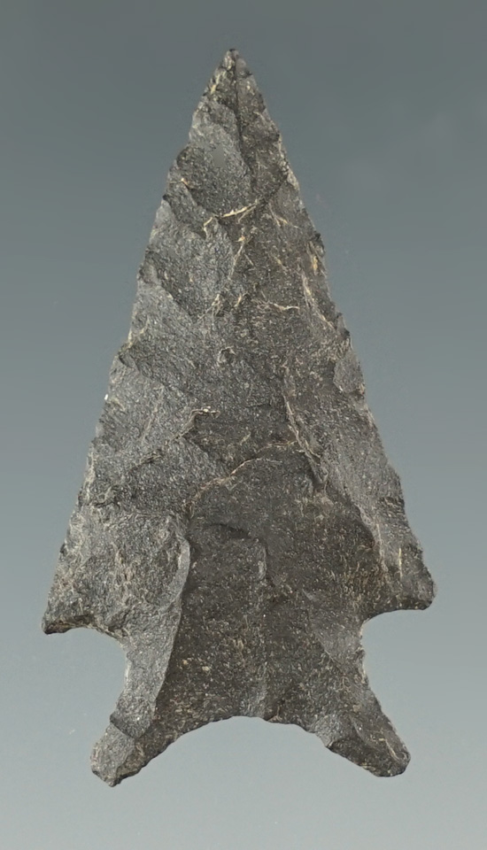 Excellent style on this 1 7/16" finely flaked Elko made from basalt found in Lake Co., OR.