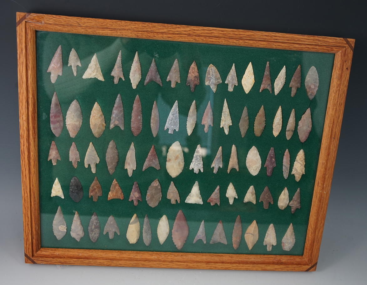Framed group of 72 African Neolithic Points found in the Northern Sahara Desert Region.