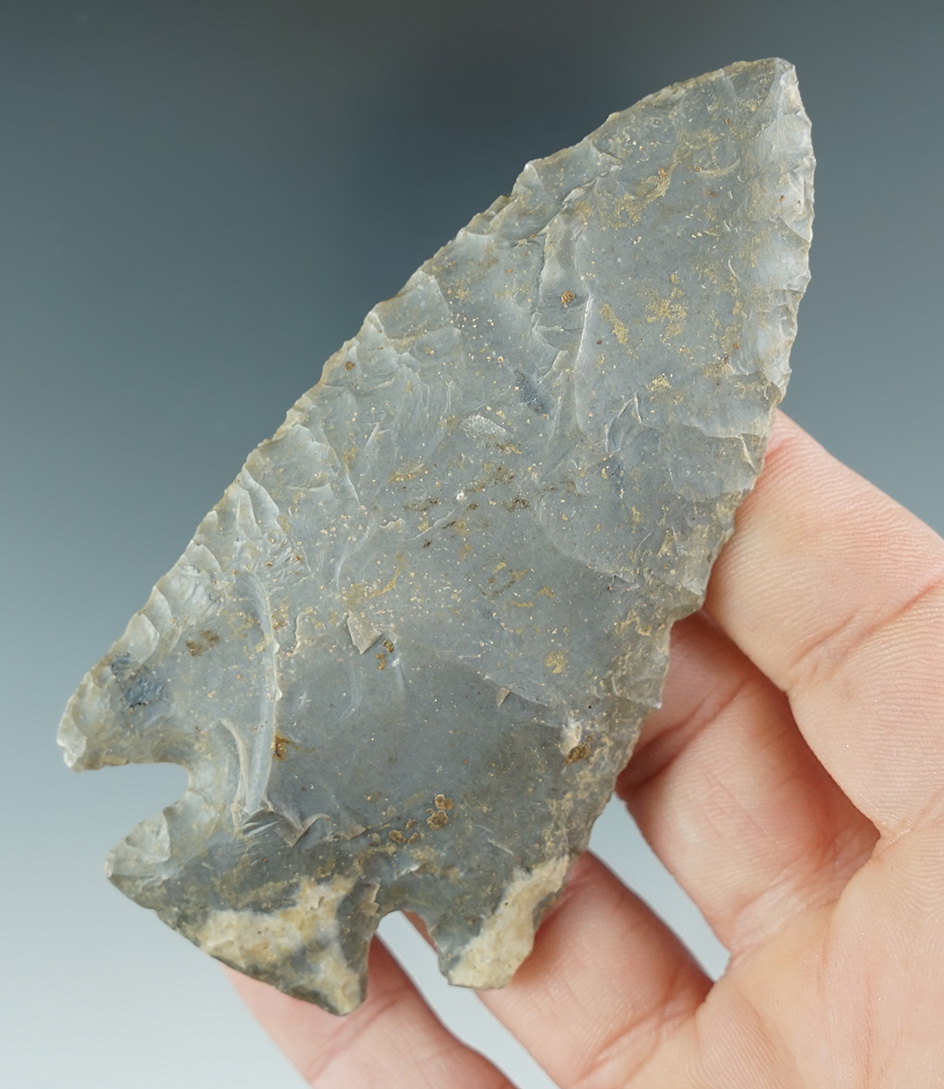 3 11/16" Archaic Cornernotch made from Hornstone. Found in Jay Co., Indiana. Ex. Cecil Cornell Colle
