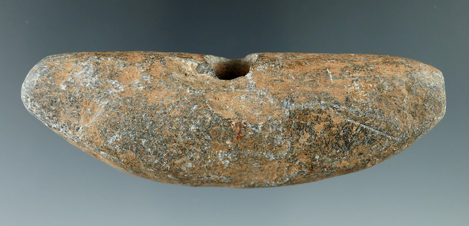4 1/16" steatite Bannerstone that is partially drilled found in New York.