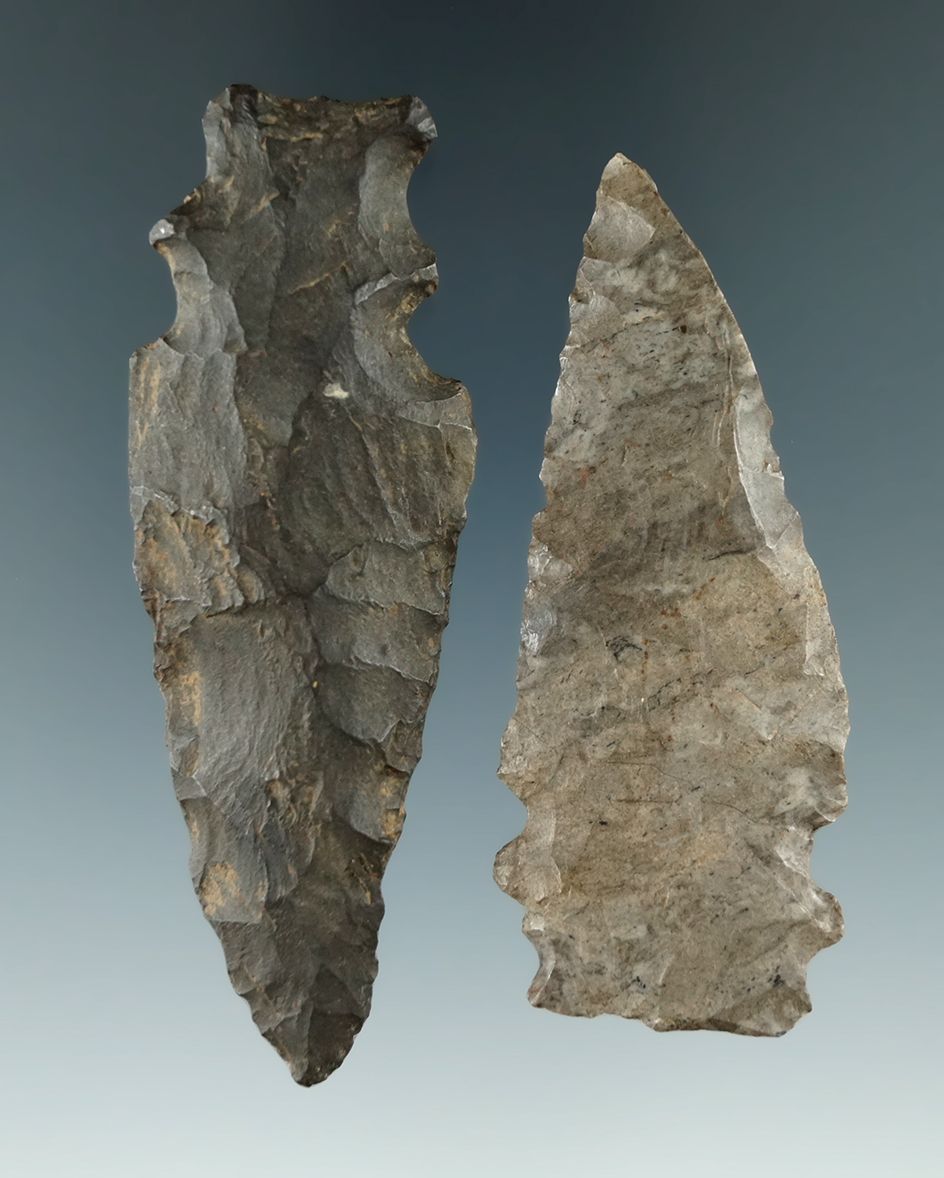Pair of unique double notched points found in New York, largest is 2 15/16".