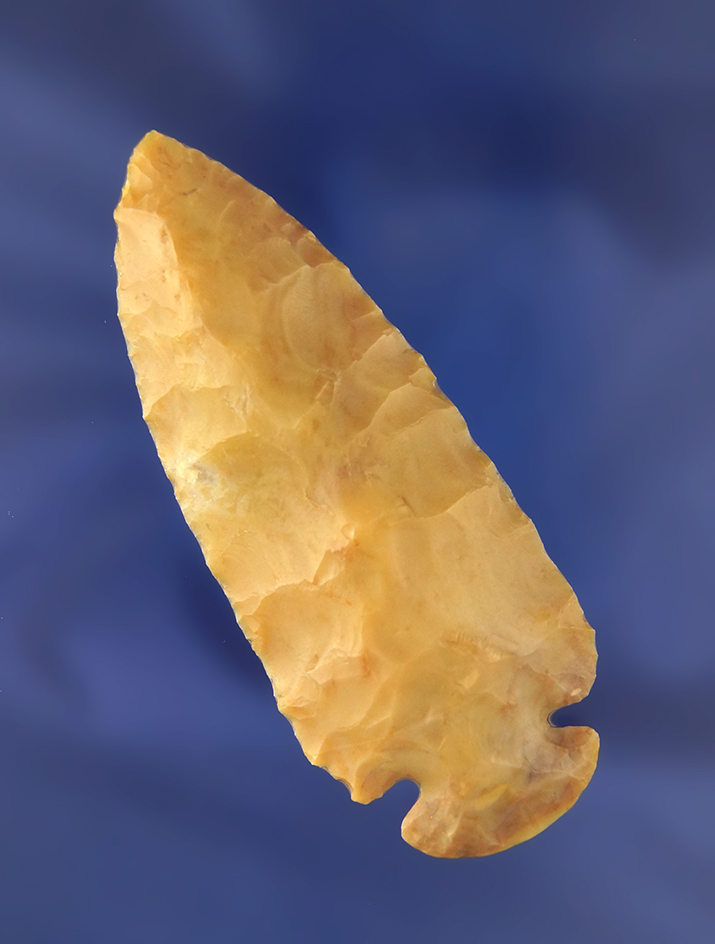 3 3/8" Caramel Flint Ridge Dovetail found in Ohio. Ex-Mel Wilkins, Jeff Sadofsky Collections.