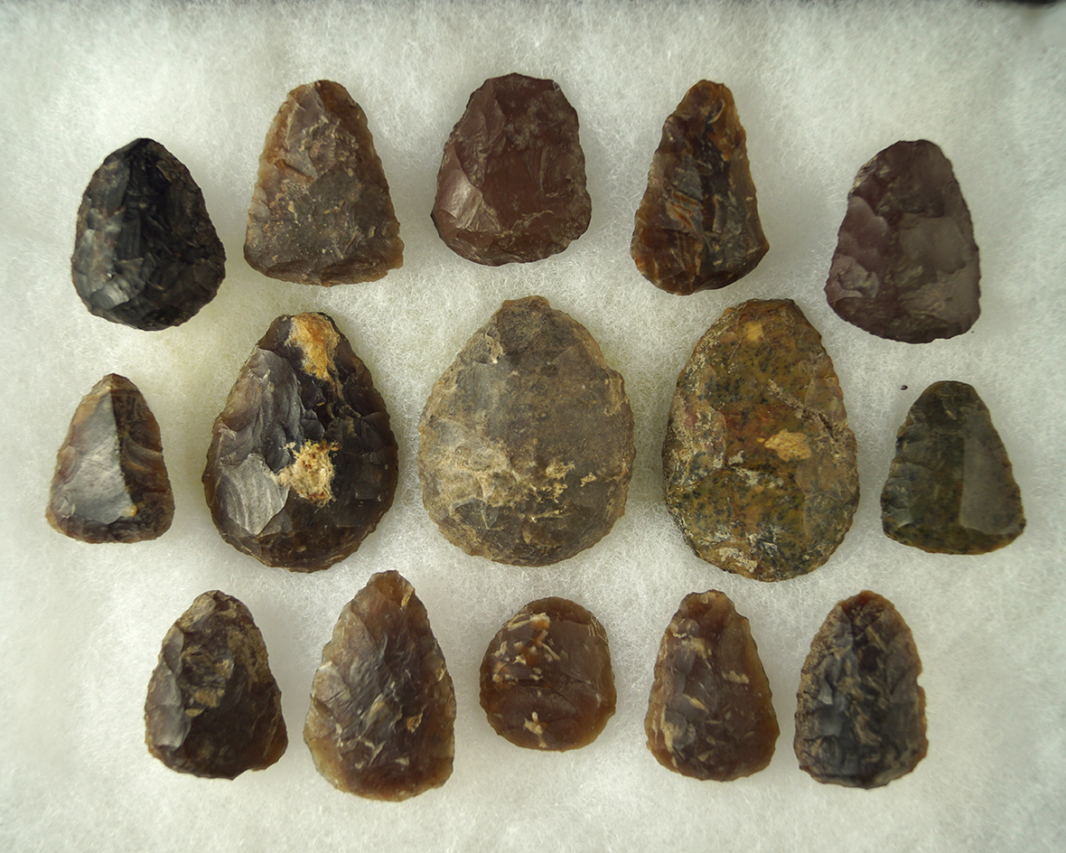 Excellent set of 15 scrapers, many Knife River Flint found in South Dakota. Largest is 1 3/4" long.