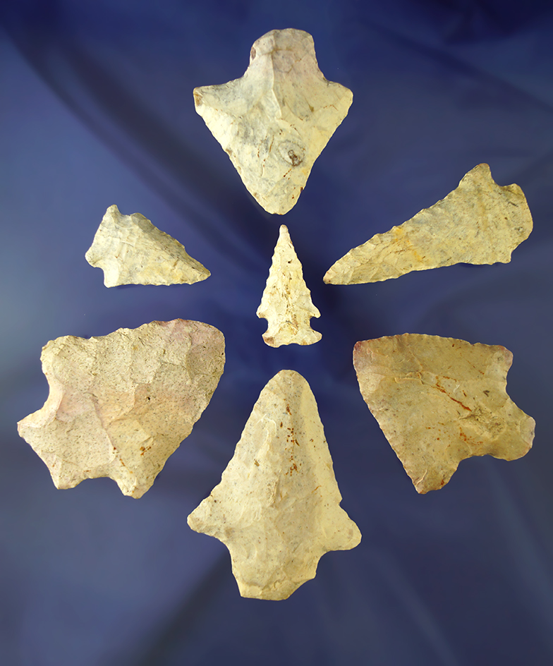Set of seven assorted arrowheads found in Georgia in good condition. Largest is 2 3/4".
