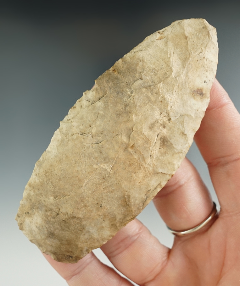 3 5/8" Agate Basin made from tan chert, found in Carroll Co., Indiana. Ex. Fred Coleman Collection.