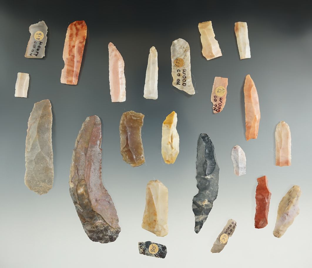 Group of 22 Flint Ridge Flint Bladelets and knives found in Ohio. Largest is 3 1/8".