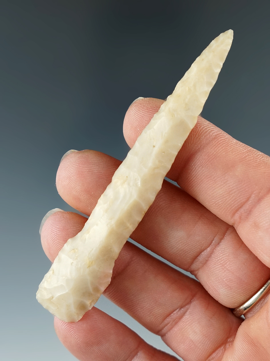 3 1/8" Flint Ridge Chalcedony Paleo Pin Drill. Found in Fairfield Co., Ohio.