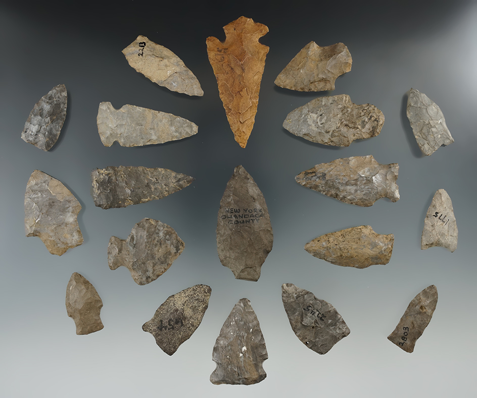 Set of 19 assorted arrowheads and knives found in Allegheny Co., New York.