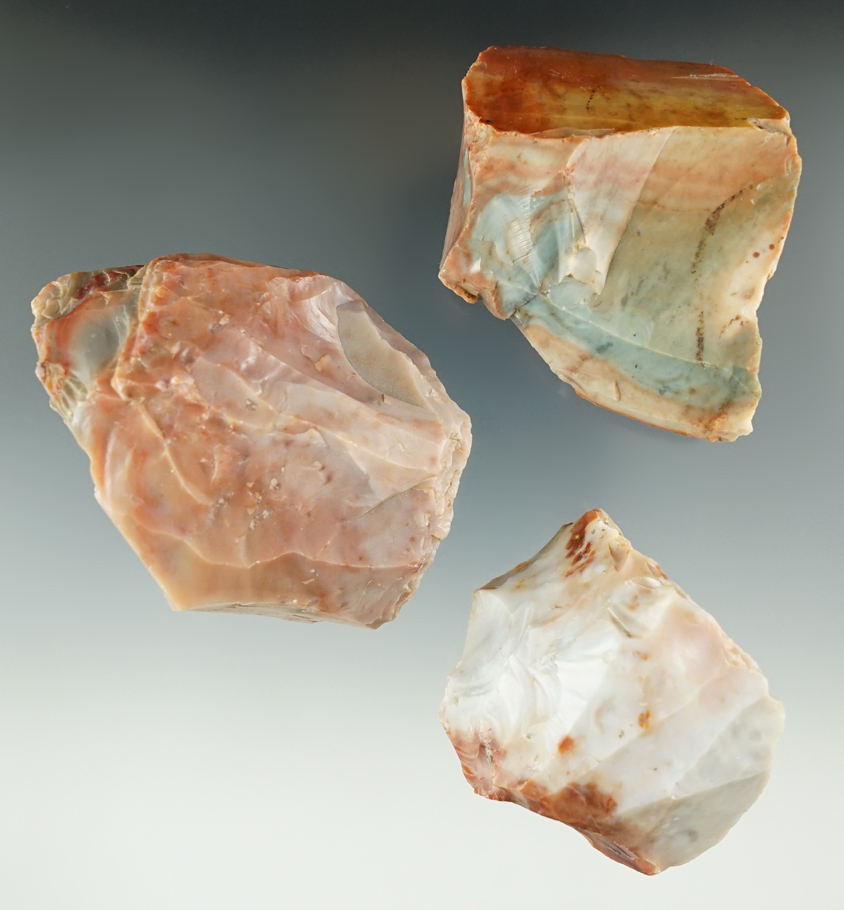 Set of three colorful Flint Ridge Flint Hopewell cores found in Licking Co., Ohio. Largest is 3".