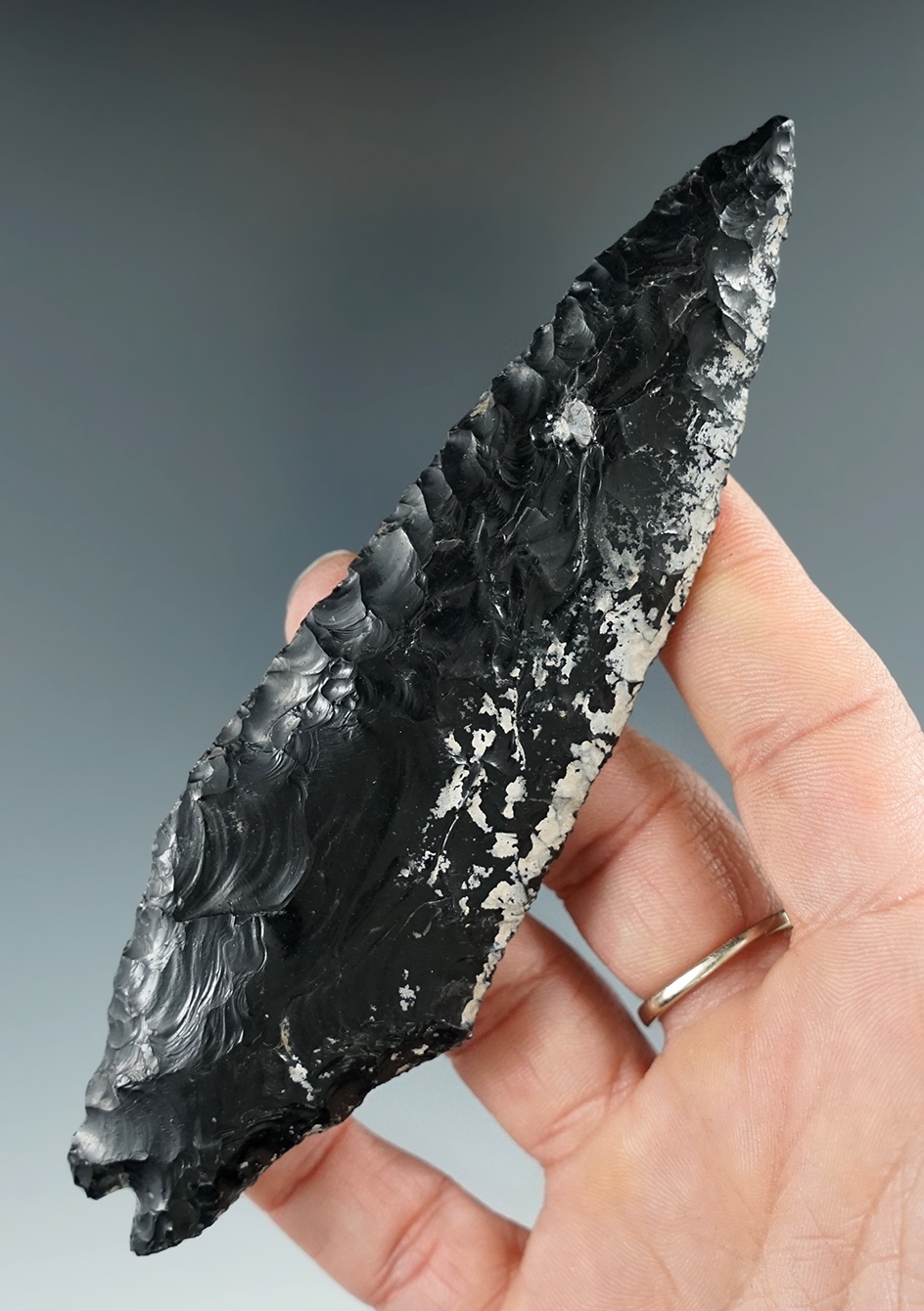 Sale highlight! Large 5 1/8" Paleo Windust (Hatwai variety) made from Obsidian. Oregon. Stermer COA.