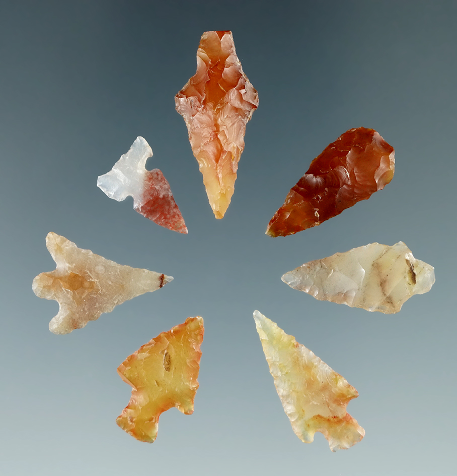 Set of seven beautiful Agate arrowheads found near the Columbia River by Norma Berg.