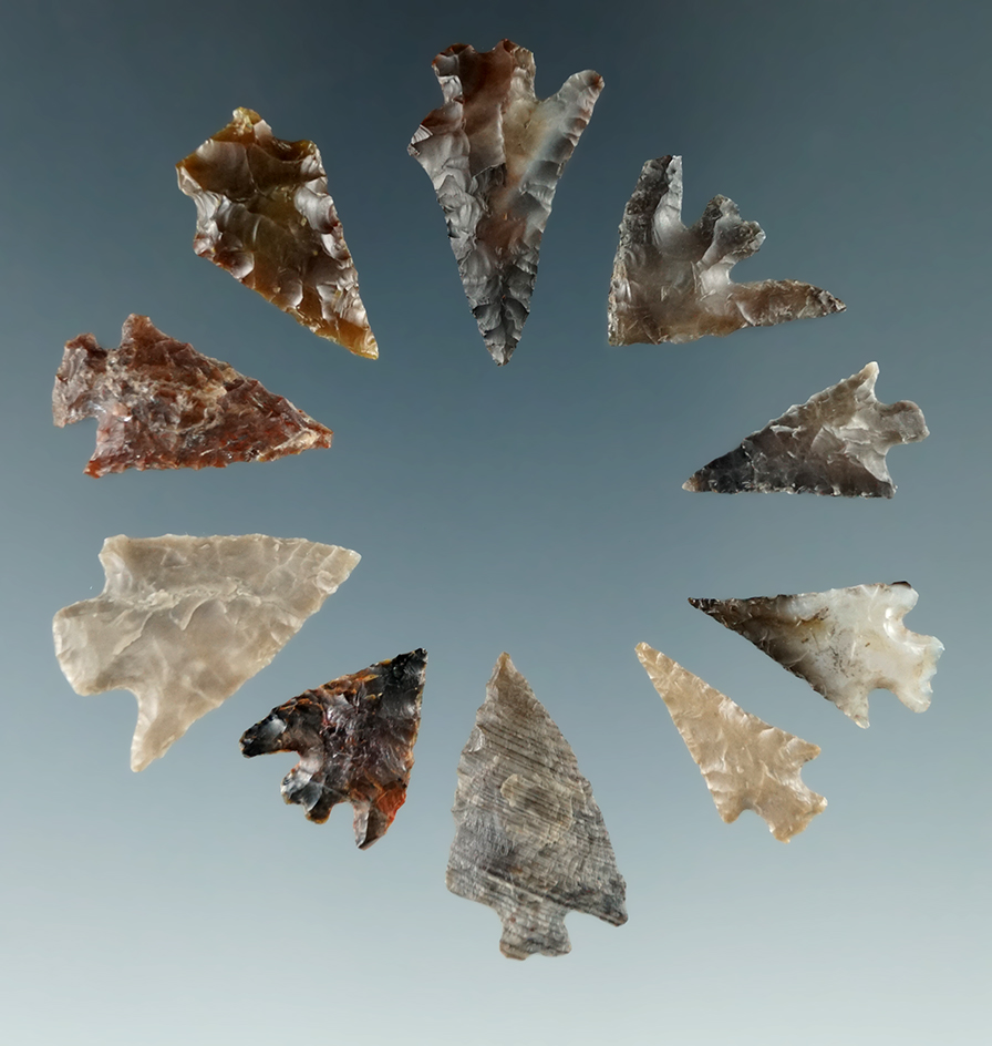 Group of 10 arrowheads found near the Yakima and Columbia Rivers by Kaye Don Bruce. Largest is 1".