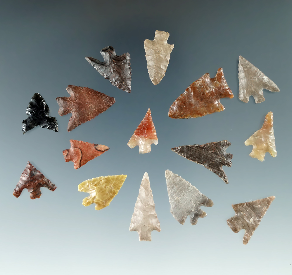 Group of 15 arrowheads found by Kaye Don Bruce near the Columbia and Yakima rivers. Largest is 1".