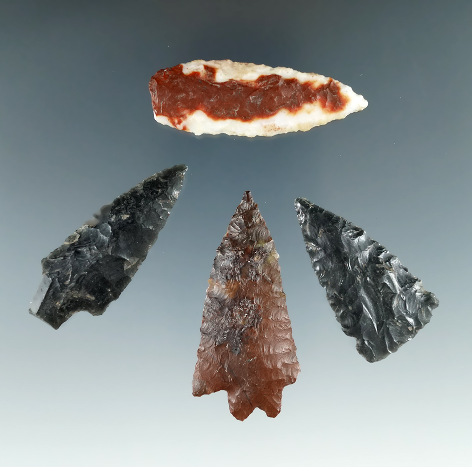 Group of four assorted points found in the Columbia River, largest is 2 1/8".
