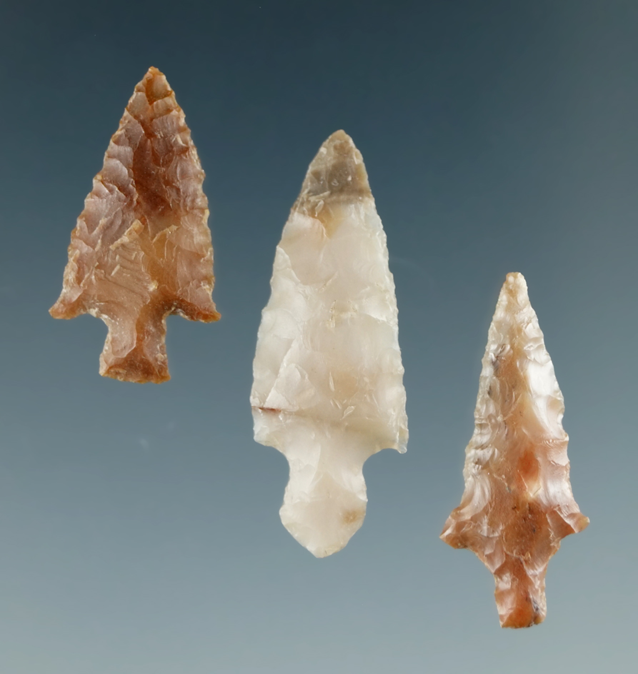 Set of three assorted Columbia River points, largest is 1 1/8". Ex. Dewey Schmid collection.
