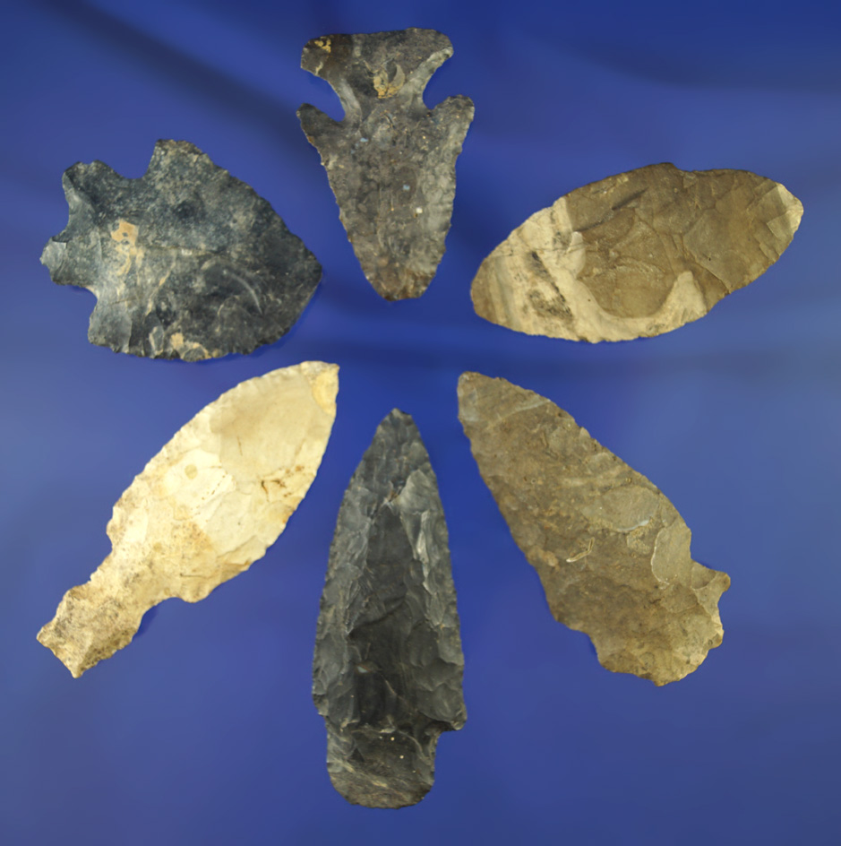 Set of six arrowheads including one that is uniquely salvaged that is 3 1/16" long - Michigan.