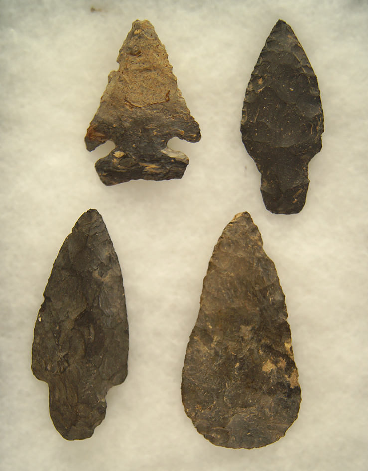 Set of four assorted Arrowheads made from Nellie variety of Coshocton Flint, Ohio.