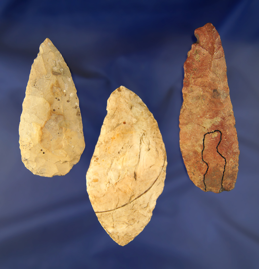 Set of 3 Flint Knives found in Ohio and Illinois. Largest is 4 1/8".