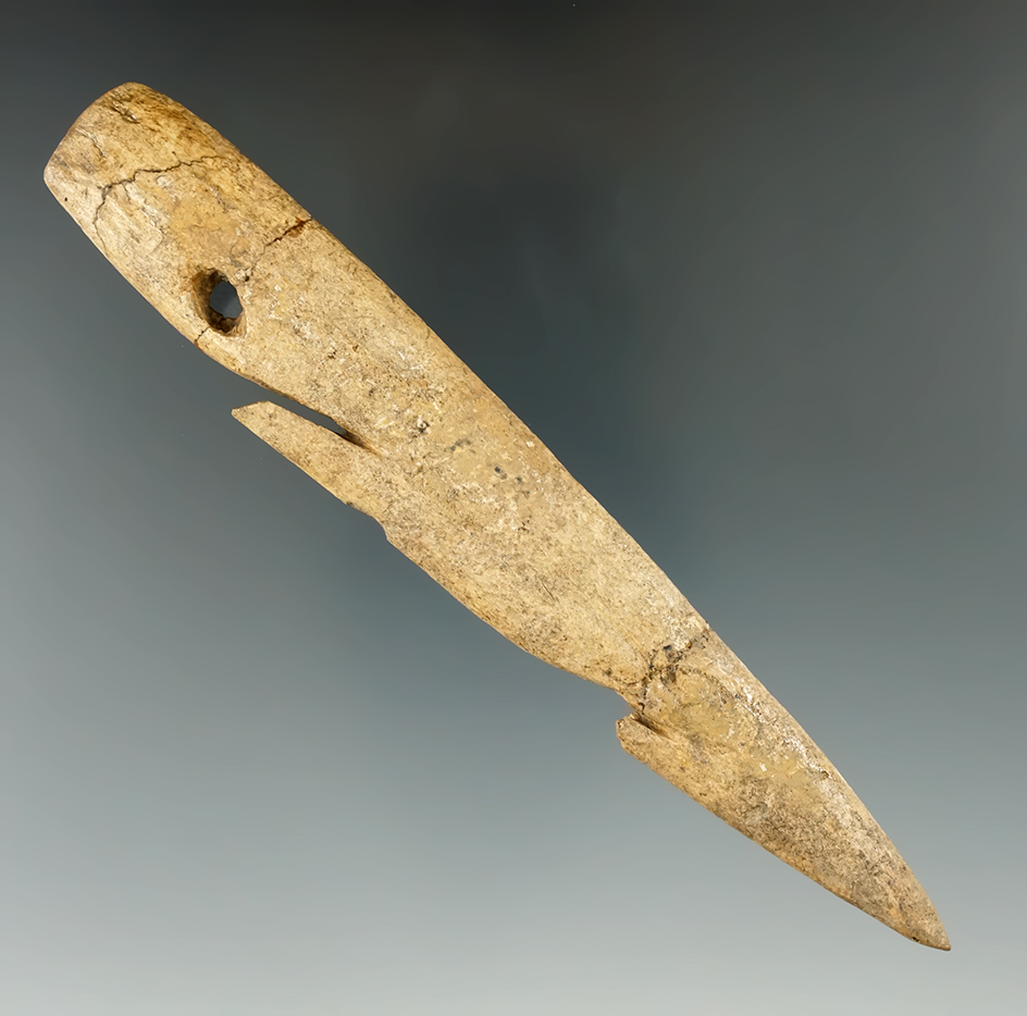 6 1/8" Large Bone Harpoon Tip found in New York. Broken and glued in two places.