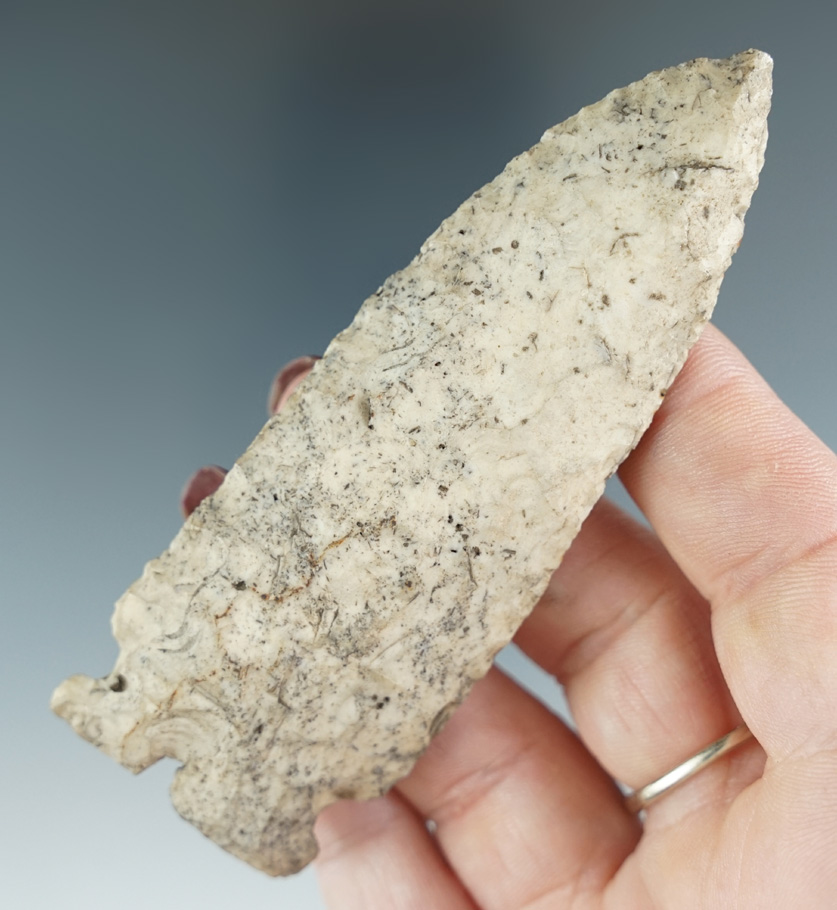 3 11/16" Archaic Sidenotch Knife - attractive speckled material is heavily patinated - Indiana.