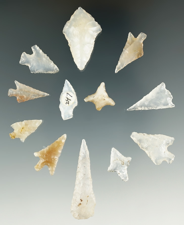 Set of 12 Agate Points found near the Columbia River. Largest is 1 3/8".