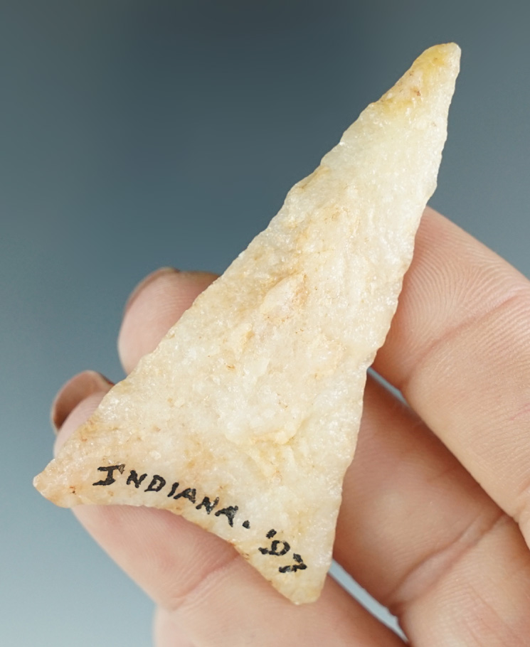 Large for size – 2 3/8" quartz Mississippian Triangle Point found in Indiana in 1997.