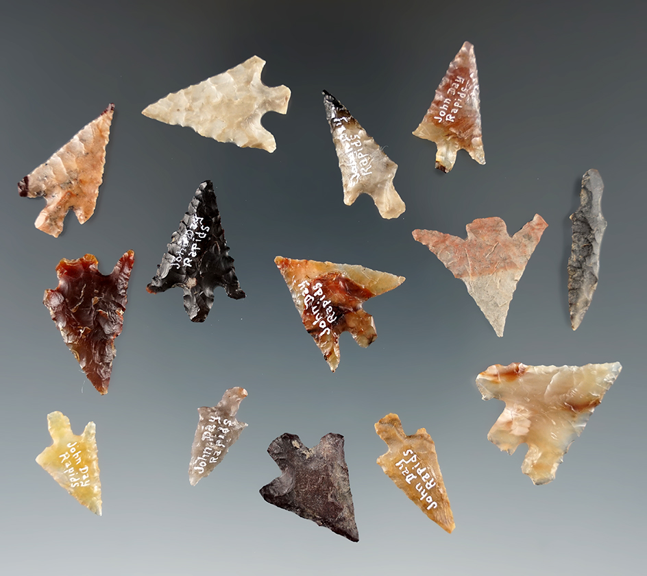 Set of 14 assorted Columbia River Gem points found by Kaye Dan Bruce near the Columbia River.