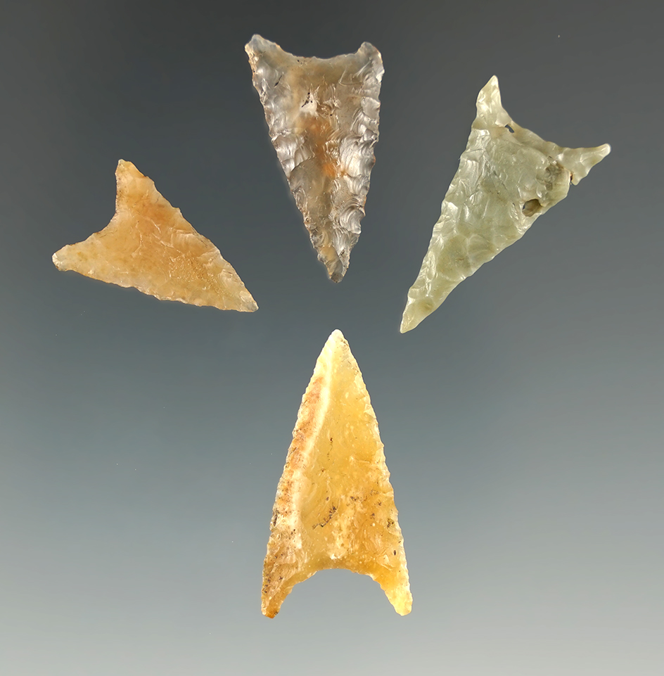 Set of four Gunther Triangular points found in southern Oregon, largest is 1 3/16".