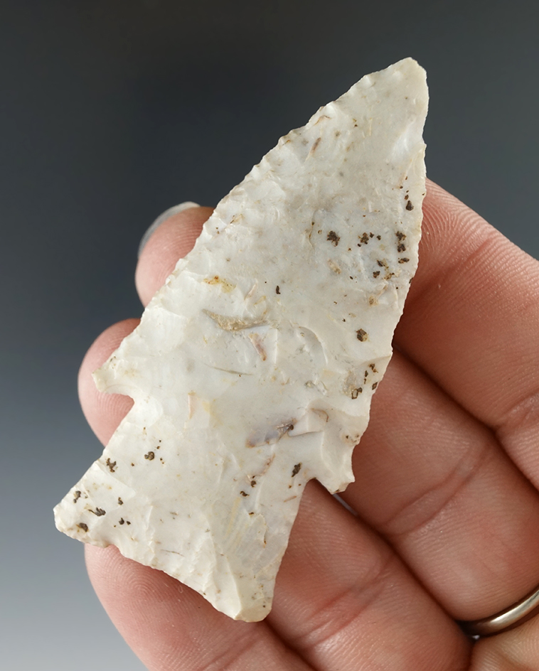 Nice mineral deposits on this 2 1/2" Burlington Chert Hardin point. Illinois. Ex. Thompson, Simmons.