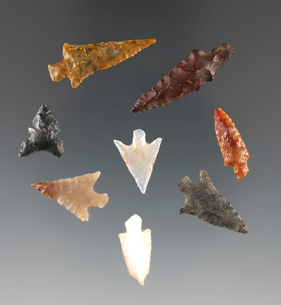 Set of eight nicely made Columbia River points, largest is 1 1/16".