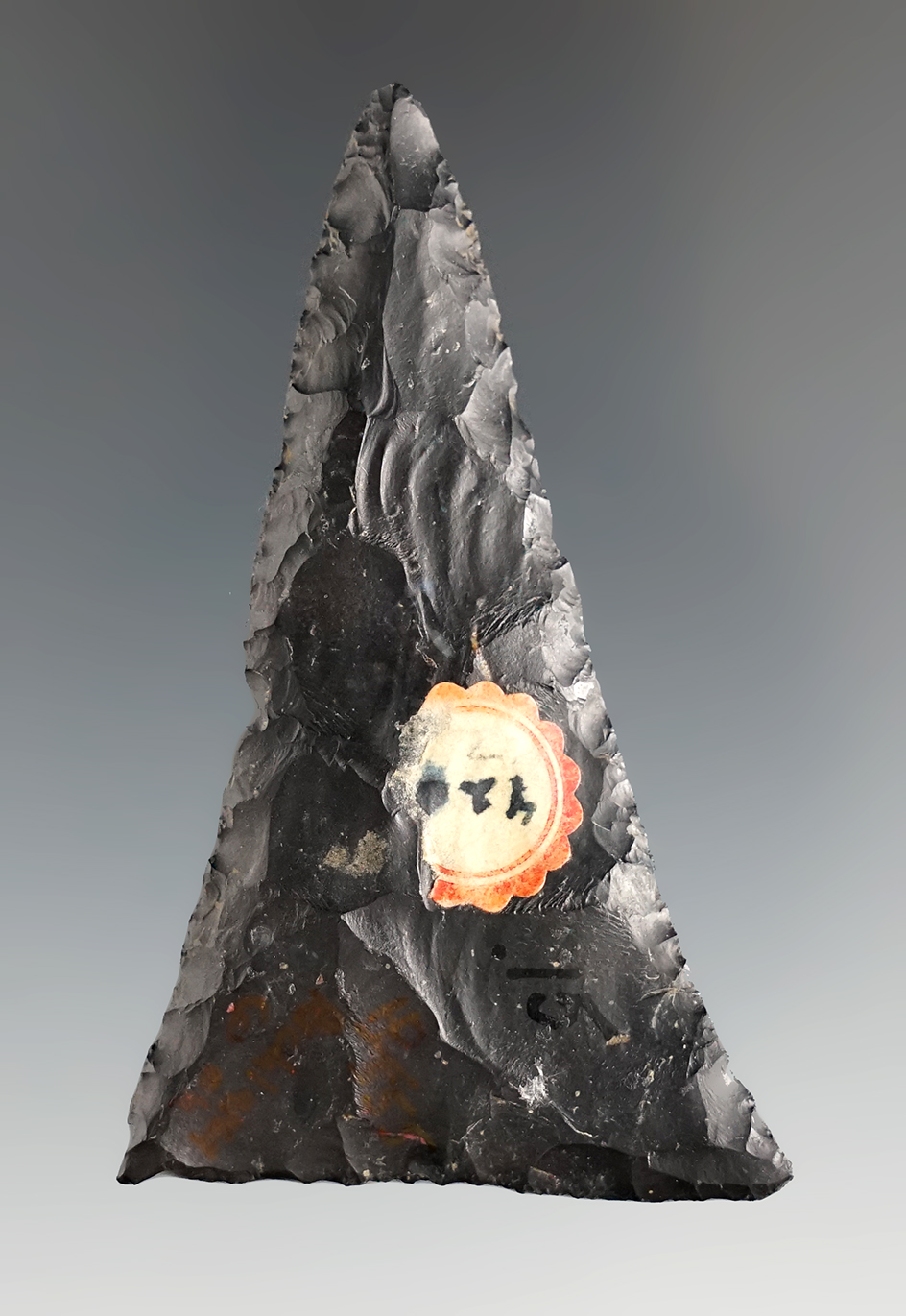 Large for type! 2 3/4" Black Coshocton Flint Triangle found in Richland Co., Ohio. Ex. Jack Hooks.