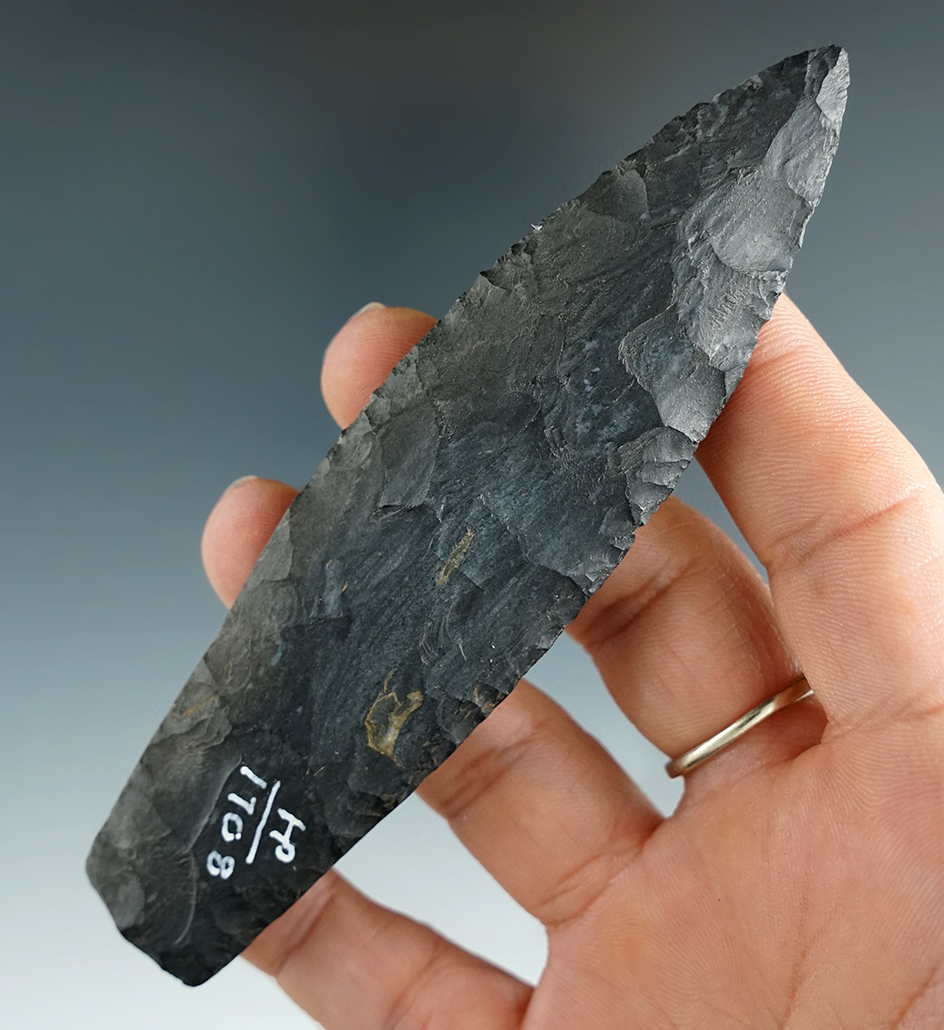 4 9/16" Coshocton Flint Paleo Lanceolate. Knox Co., Ohio. Ex. Raymond Vietzen.