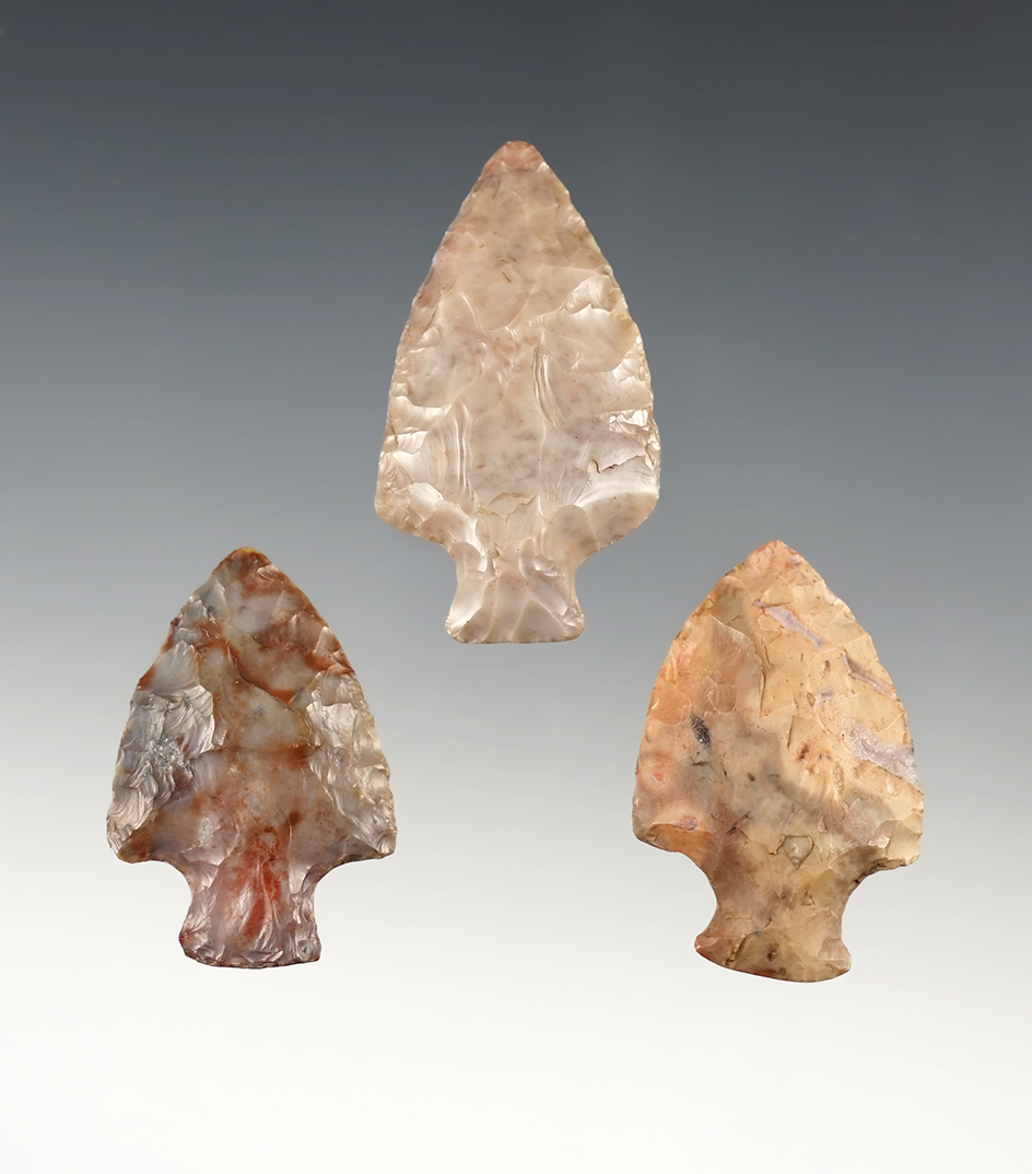 Set of 3 fine Flint Ridge Bottlenecks found in Ohio. The largest is 1 3/4".