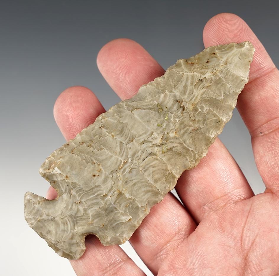 4 1/16" Dovetail that has seen heavy ancient use. Found in Shawnee Twp., Allen Co., Ohio.