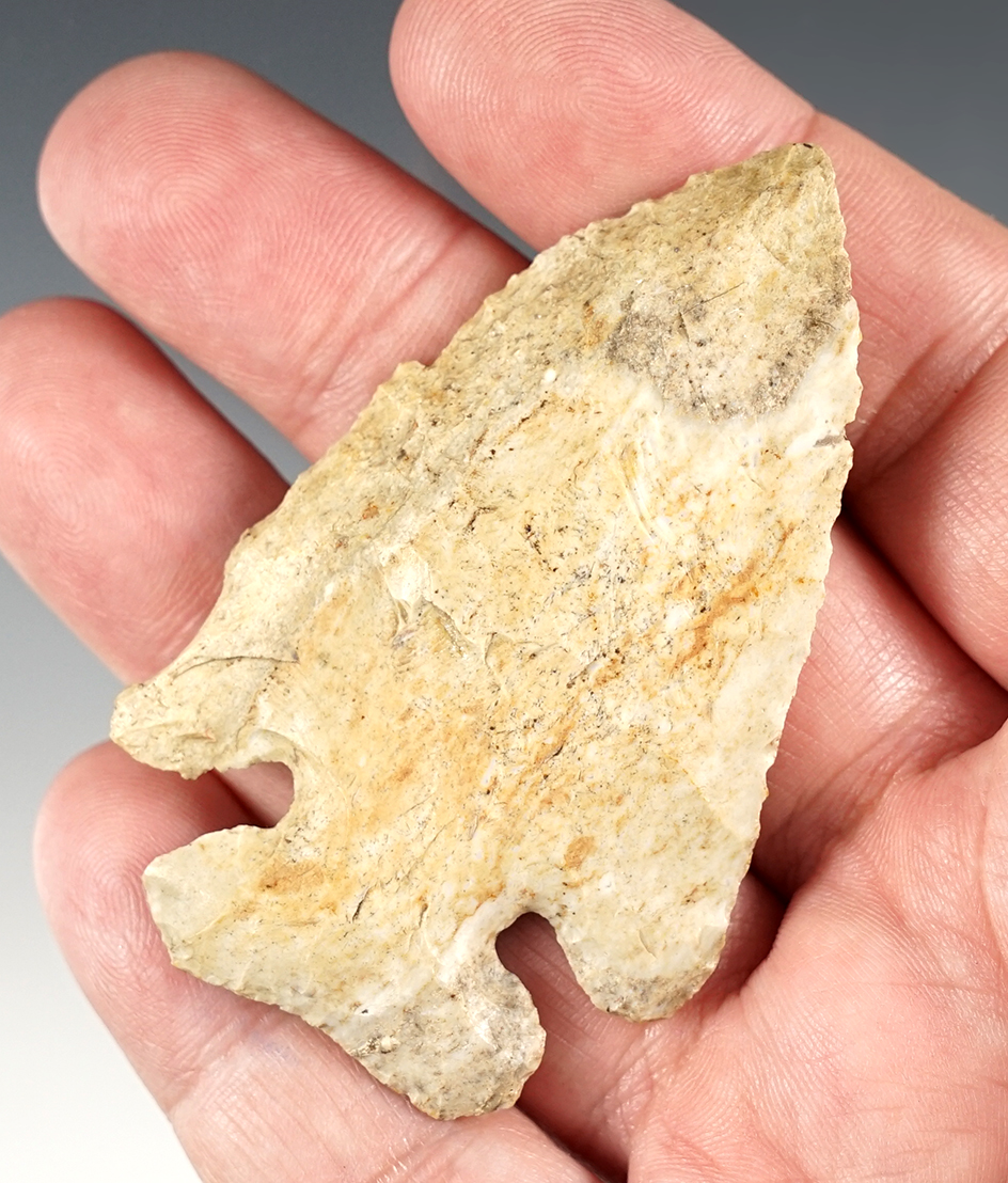 Heavily patinated 2 13/16" Ohio Thebes point that shows excellent age on surface.