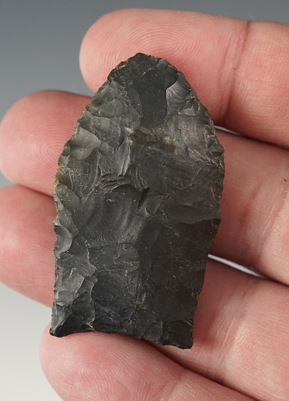 1 15/16" Unfluted Paleo point found in Ohio and made from Coshocton flint. 