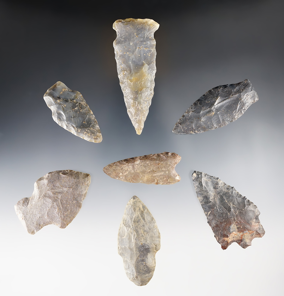 Set of 7 nice Kentucky points. The largest is 2 13/16".