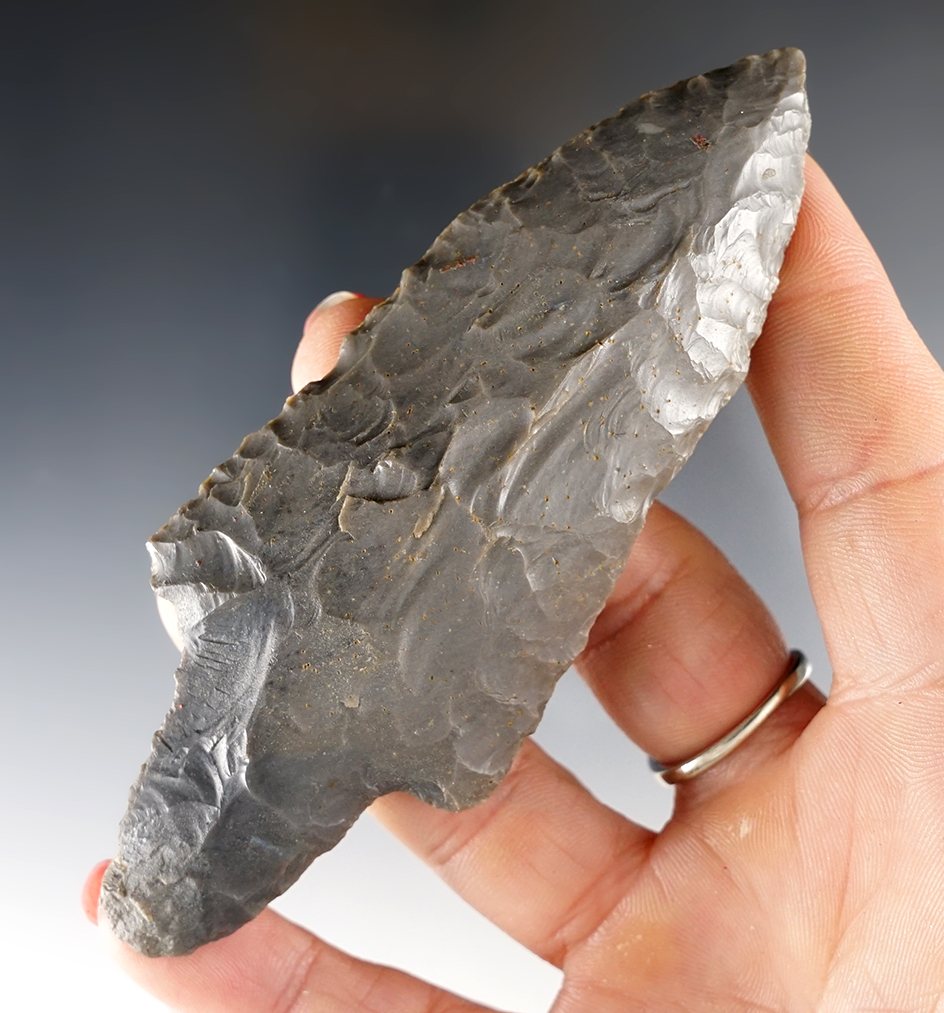 Well flaked 4 1/4" Adena found in Western Ohio. Comes with a Bennett COA.