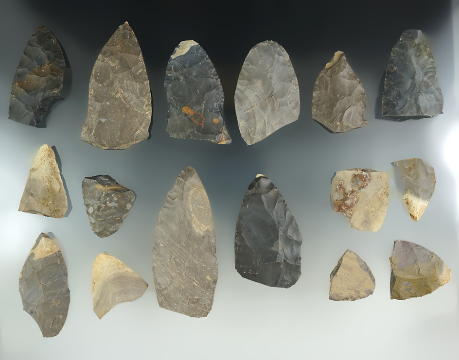 Set of 16 Cache Blades with damage, largest is 3 5/8".   From the Lyons Cache - Greene Co., Indiana.