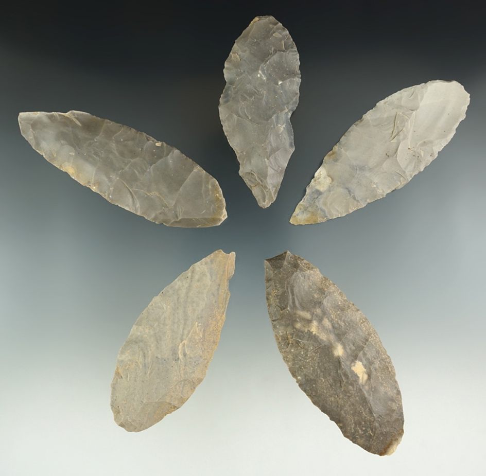 Group of five Cache Blades, largest is 3 5/8".   From the Lyons Cache - Greene Co., Indiana.