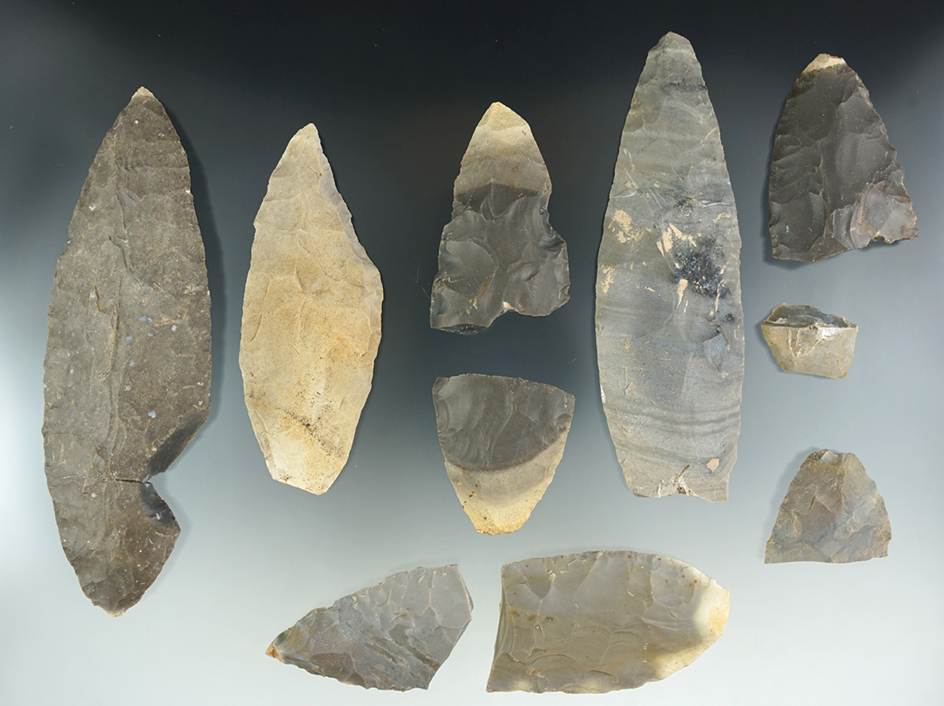 Set of 8 Cache Blades with damage, largest is 5 3/8".   From the Lyons Cache - Greene Co., Indiana.
