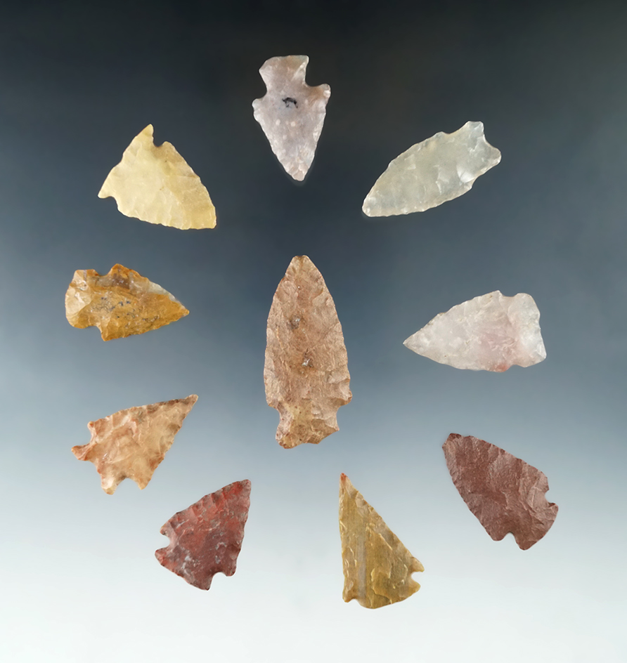 Set of 10 Colorado Arrowheads, largest is 1 3/4". Ex. Bob Roth Collection.